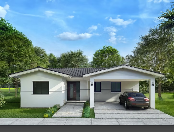 Vista frontal de residencia con cochera y jardín